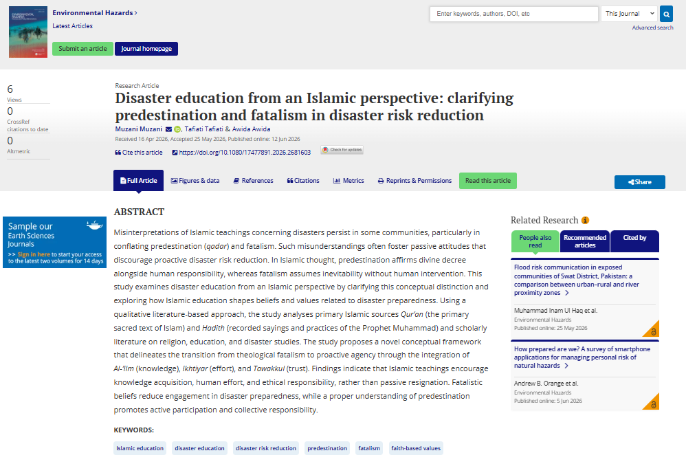 Prof. Dr. Muzani Jalaluddin FISH UNJ Publikasikan Riset tentang Pendidikan Kebencanaan dalam Perspektif Islam di Jurnal Internasional terindeks Scopus Q1